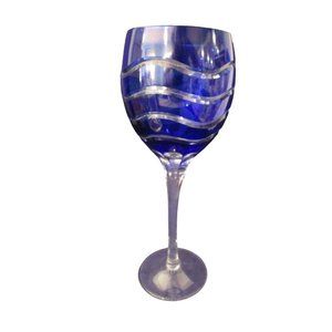 Cobalt Cut to Clear Wavy Lines Crystal Bohemian Wine Glass Unmarked Flawed